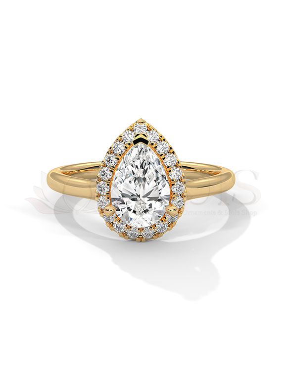 Delicate Pear Shape Halo Plain Band Diamond Engagement Ring